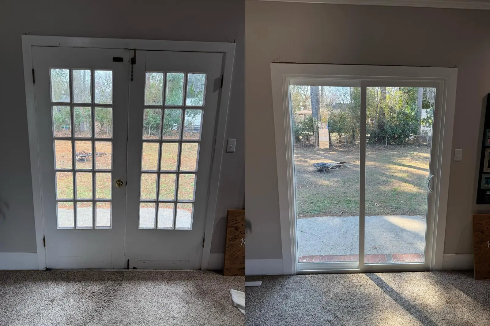 Hinged glazed doorway before on the left and a sliding glass door after on the right