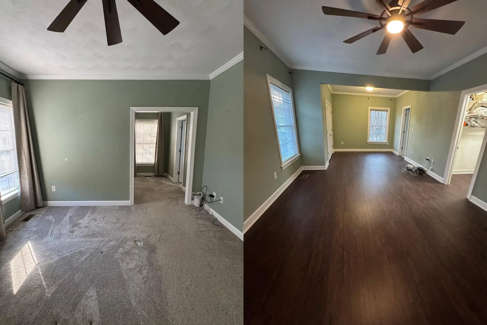 Side-by-side view of adjoining rooms, with carpet before on the left and new flooring after on the right